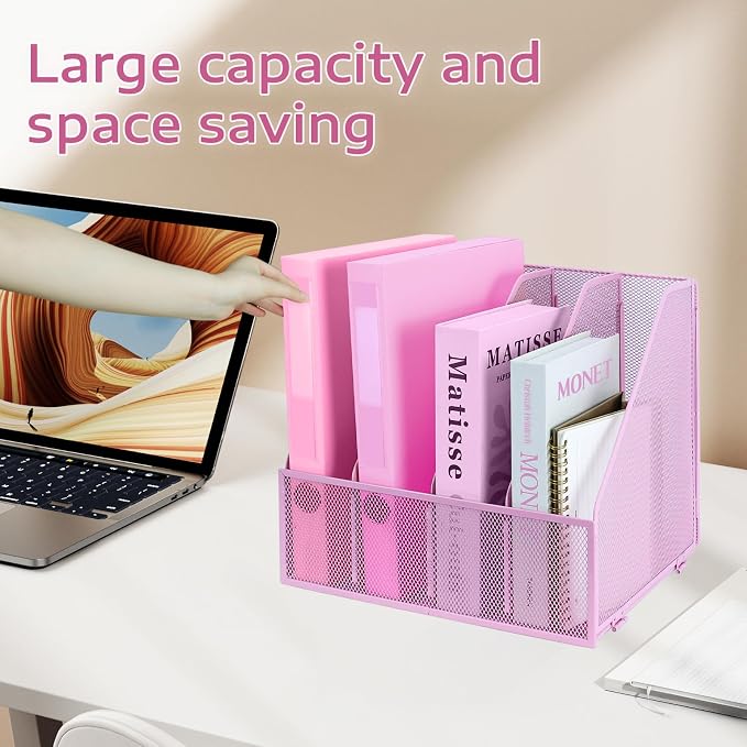Desk Organizers, Metal Magazine File Holder with 4 Vertical Compartments Rack Binder File Organizer for Office Supplies, Home Workspace - Pink