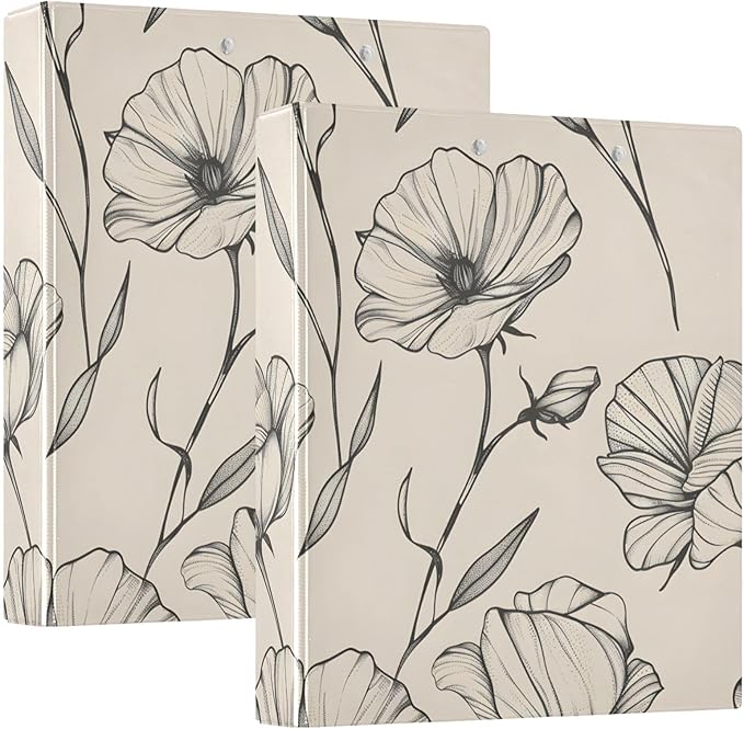 3 Ring Binder Black White Floral Vintage 1.5 inch Binders Three Ring Binders with Clipboard Fit 8.5'' x 11'' Paper 3 Interior PVC Clear Pockets for Office Supplies