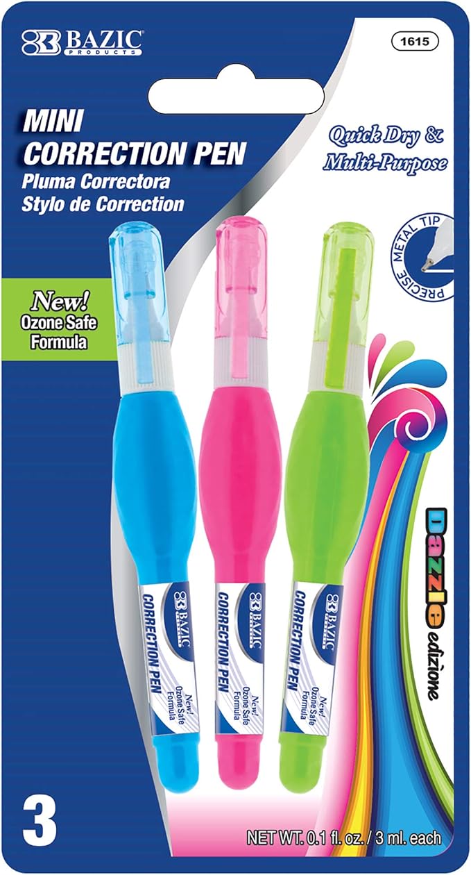 BAZIC PRODUCTS Mini Correction Pen, Metal Needle Tip, 3mL, 3 Count, 24-Box