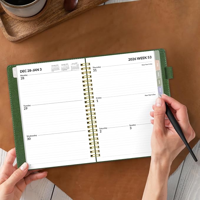 SUNEE 2027 Weekly & Monthly Planner 6.2"x8.5"- 12 Month (January 2027 - December 2027), Vegan Leather Cover, Pocket, Bookmark, Notes, Monthly Tab, Deep Green