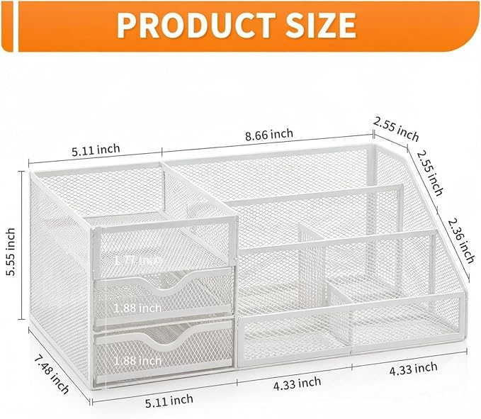 Lavatino Mesh Desk Organizer with 6 Compartments & 2 Drawers, Larger Multi-functional Desktop and Workspace Accessories Organizer for Office, Classroom, Dorm Supplies (White)
