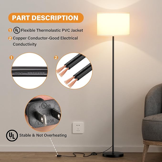 Modern Floor Lamp Simple Design with White Shade & Foot Pedal Switch | 60" Black Floor Lamp(Without Bulb), Tall Lamps for Living Room Bedroom Office Dining Room Kitchen