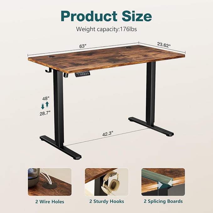 Sweetcrispy Electric Standing Desk, Computer Desk, 63x24 Inch | Adjustable Height, Splice Wood Board, 3 Memory Preset, Sit Stand Work Table for Home Office, Rustic