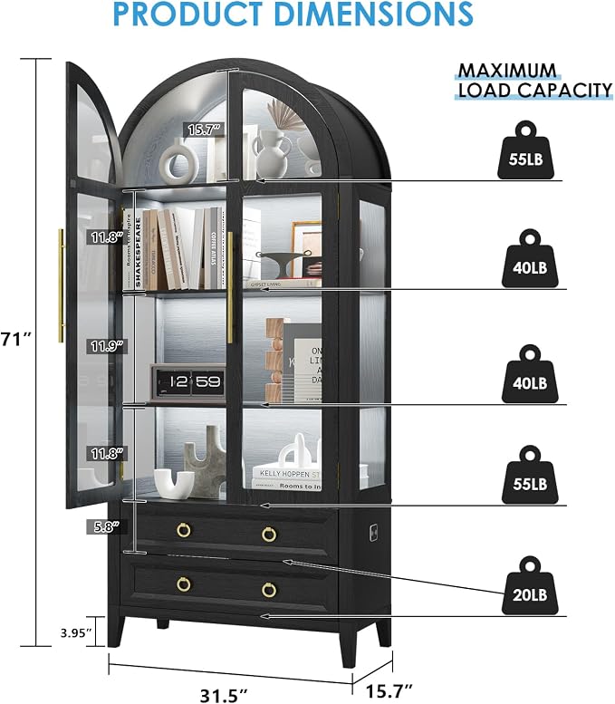 Arched Curio Cabinet with Glass Doors, 4-Tier Display Cabinet with 2 Drawers, Tall Bookcase with 3 Color Lights, Display Case, Kitchen Pantry (Black)