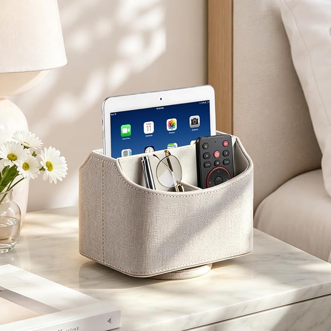 YAPISHI Gold flower pattern Leather Remote Control Holder,360 Degree Spinning Desk TV Remote Caddy/Box,nightstand Organizer for Controller,Media,Cosmetic, Mobile Phone, Pen/Pencil Stationery Storage | PU Leather Decor Aesthtic Swivel Bedside Table Desk...