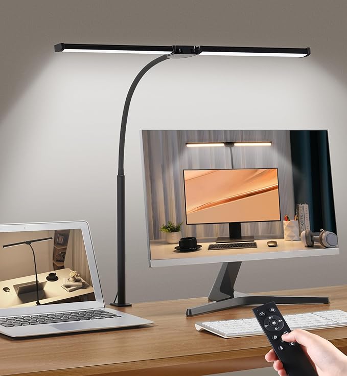 Motumen Led Desk Lamp for Home Office, Eye-Care Desk Light Clamp, Black | Smart Double Head Computer Monitor Table Clip Lamp, Adjustable Flexible Goose-Neck, 25 Lighting Models, Task Lamp