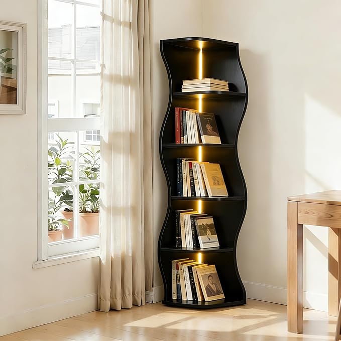 VECELO 6-Tier Wave Corner Bookcase with LED Lights, 90° Right-Angle Tall Narrow Bookshelf, Wooden Corner Display Stand Storage Shelf for Small Spaces, Living Room, Bedroom, Home Office (Black)