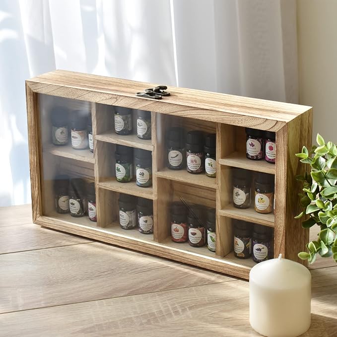 Ikee Design Wall-Mounted Wooden Display Case with Glass Top, 10 Slots | 10-SLOT DISPLAY CASE: Oak wood wall cabinet with hinged tempered glass top for mini figures, collectibles and oils.