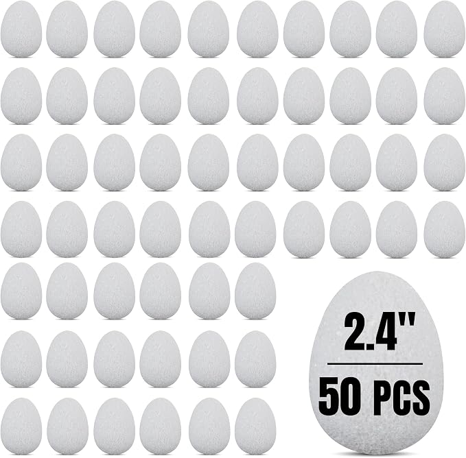 50 Pcs 2.4" White Foam Easter Eggs for Crafts – Textured Polystyrene DIY Foam Eggs for Painting, Spring Holiday Decorations, School Activities, & Handmade Ornaments – Bulk Pack, by Hygloss