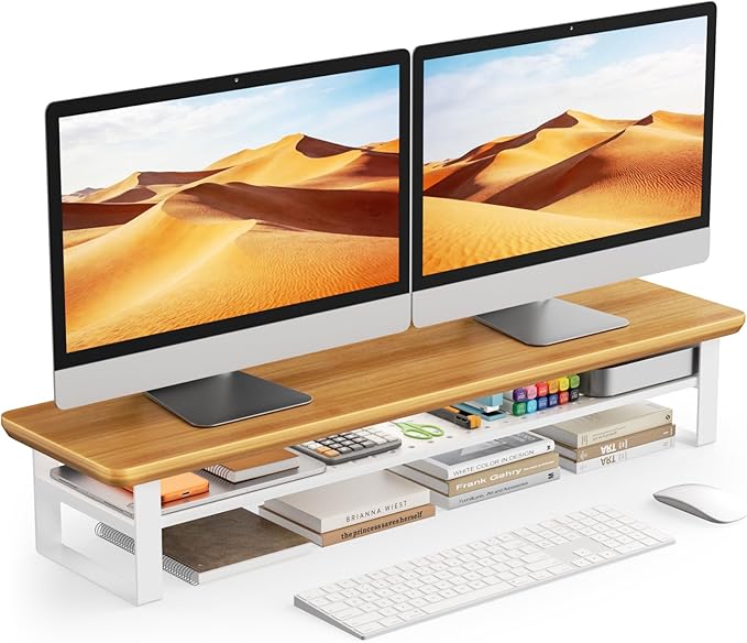 Dual Monitor Stand, 35.4 Inch Monitor Stand Riser for 2 Monitors, 2 Tiers Wood Desk Shelf with Storage, Desktop Organizer Stand for Computer, Laptop, Printer, TV