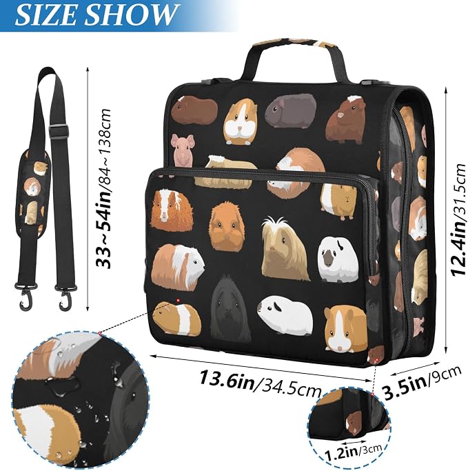 Fisyme Guinea Pig Cartoon Zipper Binder 3 Ring with Zipper and Shoulder Strap Large Capacity Multi-Pocket Zipper Binder Organizer