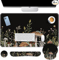 Keyboard Mouse Pad Set, 4 in 1 Desk Mat Set, Black Mushroom Flora | Large Mousepad+Keyboard Wrist Rest+Mouse Wrist Rest+Coaster Ergonomic Design for Home Office Computer