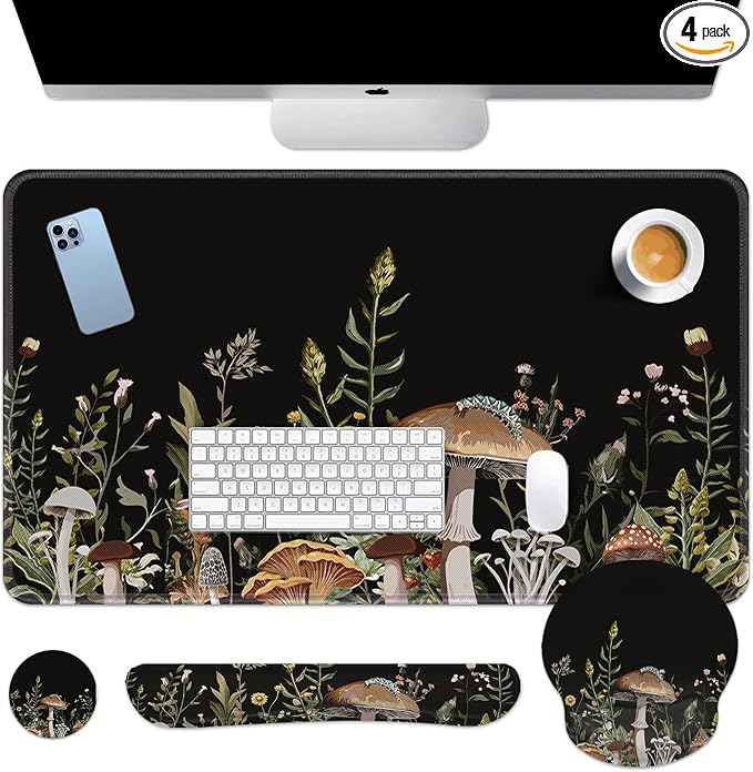 Keyboard Mouse Pad Set, 4 in 1 Desk Mat Set, Black Mushroom Flora | Large Mousepad+Keyboard Wrist Rest+Mouse Wrist Rest+Coaster Ergonomic Design for Home Office Computer