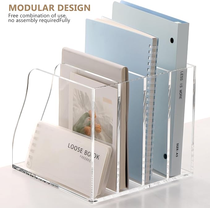 SANRUI Acrylic Magazine File Holder Desk Organizer, Clear 4 Compartments | Workspace Document Sorter, Vertical Folder Rack Binder for Office Home Classroom Tablet, Books & Accessories Storage