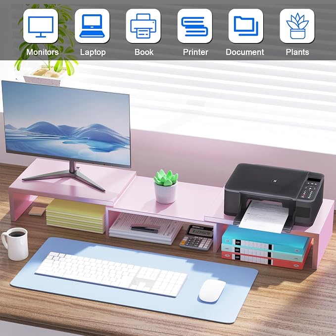 Dual Monitor Stand Riser | Monitor Stand for Desk, Metal Computer Stand, Desk Shelf Riser,Desktop Organizer for Home and Office Use (Pink)