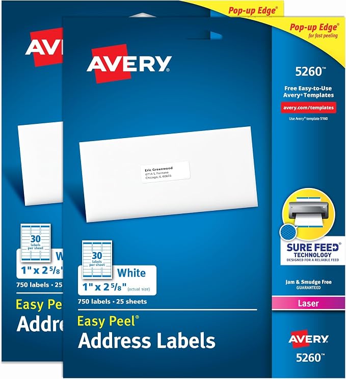 AVERY Address Labels 1 x 2-5/8 inch White | Easy Peel | Sure Feed Technology | For Laser Printers | Permanent Adhesive | 1,500 Labels, Pack of 5
