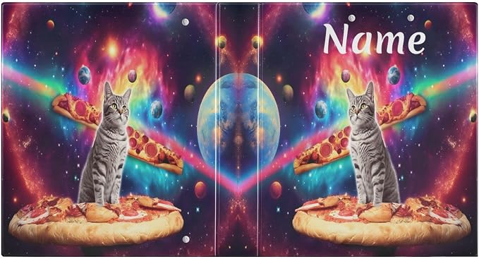 Custom 3 Ring Binder Cat Pizza Planets 1.5" Round Ring Binders Personalized Name View Binder with 200 Sheet for Women Men Office Kids School Supplies, 1 Pack