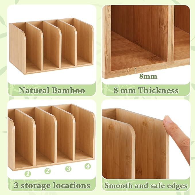 Novabright 4-slot Bamboo Wooden Magazine File Holder Desk Organizer, 4 Vertical Compartments Workspace Sorters for Magazines, Binders, Notebooks, Envelopes