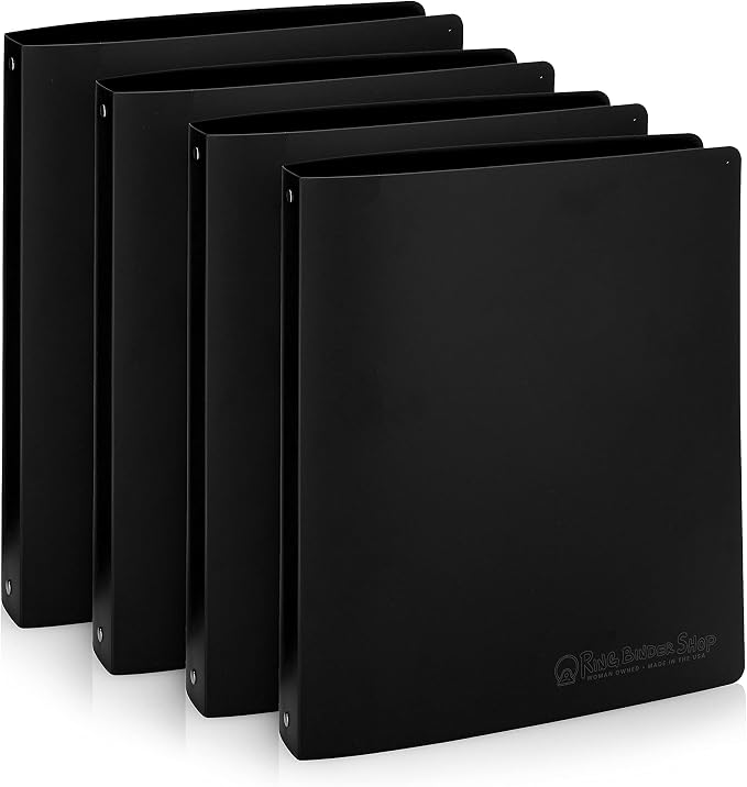 Premium Economy 3 Ring Binder, 1 Inch Pull-Open Round Rings, Holds 175 Sheets, Flexible, Lightweight, 4-Pack, Side Opening, Black