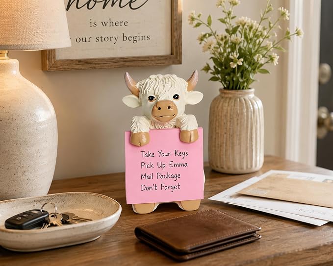 Highland Cow Pop-Up Sticky Note Dispenser for 3 x 3 in Notes, Beige | Includes 100 sheets, handmade resin desk decor for office, home or classroom, gift for teachers, coworkers and cow lovers
