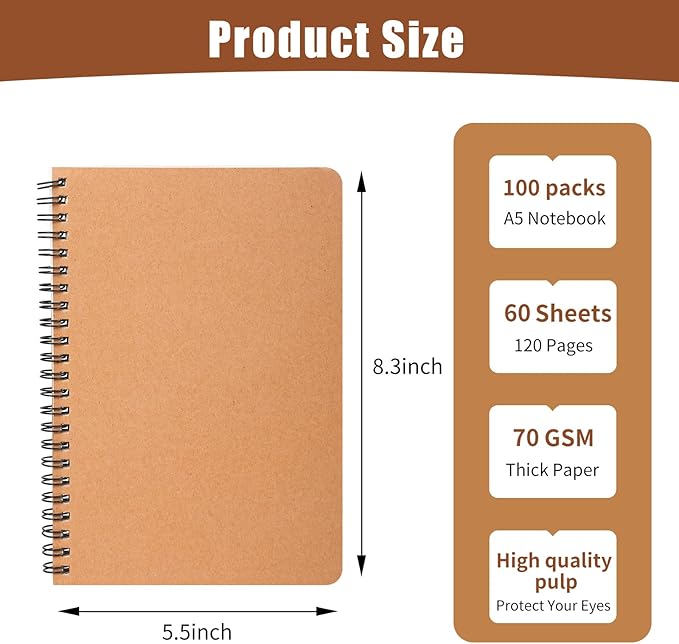 miikoul 100 Packs A5 Spiral Lined Notebooks, Kraft Paper Cover, 8.3"×5.5", 60 Sheets/120 Pages, Ruled Notebooks Bulk, Hardcover Journal Notepad Travel Notebooks for Office and Back to School Supplies