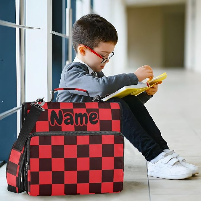 Custom Black Red Checkered Pattern 3 Ring Binder Bag 1.5 inch Personalized Name Binder Organizer 500 Sheet Documents Storage for School Office