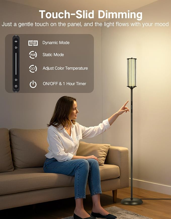 OUTON Bright Smart Floor Lamp with Remote, App & Touch Control, RGB Color Changing Standing Lamp, 2200K-6500K Dimmable, 3 Adjustable Heights, 32 Scenes for Living Room Bedroom Office,Black & Glass
