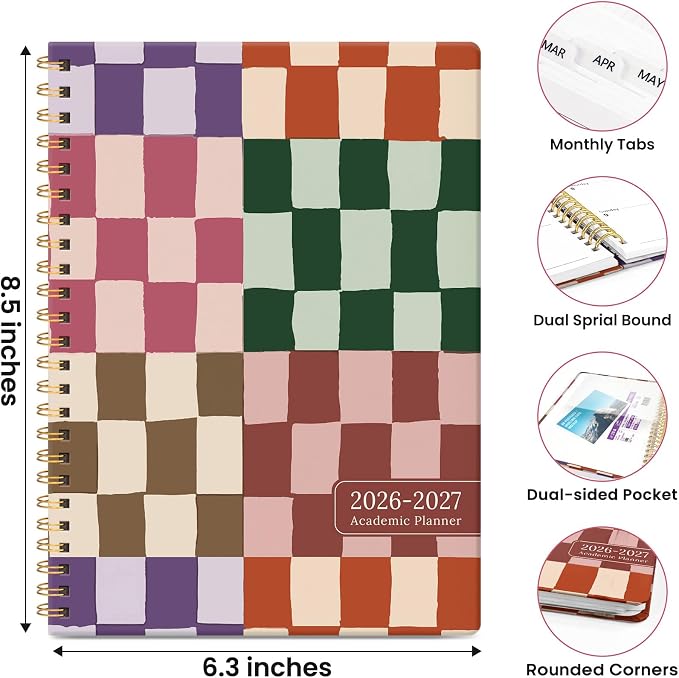 Planner 2026-2027, Academic Year Monthly & Weekly Planner Caledndar, July 2026 - June 2027, Hardcover Large Planning Agenda Book with Tabs for School Office Supplies, 6.3" x 8.5" - Checkered