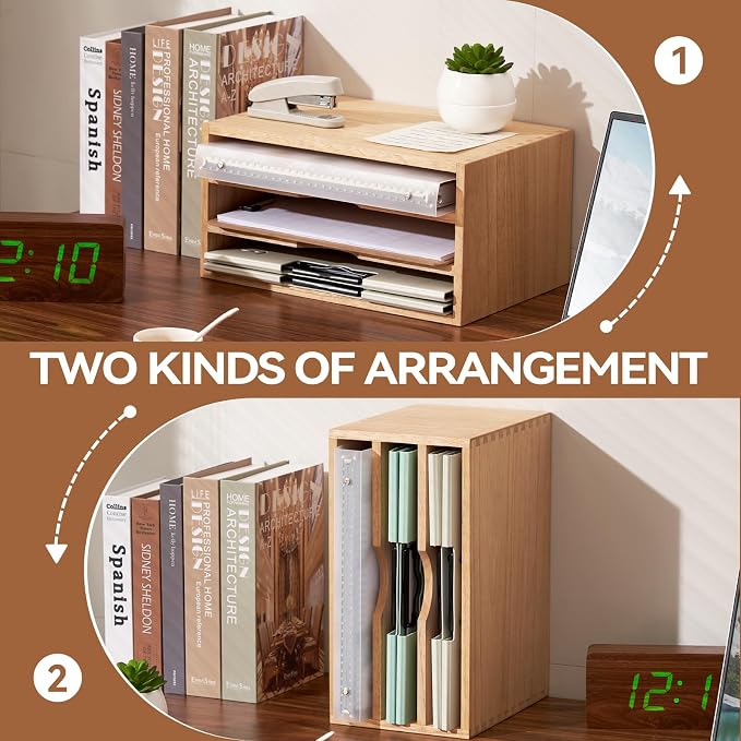 KIRIGEN Wooden Desk Organizer 3-Tier Letter Tray and Paper Sorter, Natural | Solid Wood Paper Tray Document Holder Organizer for Letters, Files, Folders, Mail, Magazines and Office Supplies