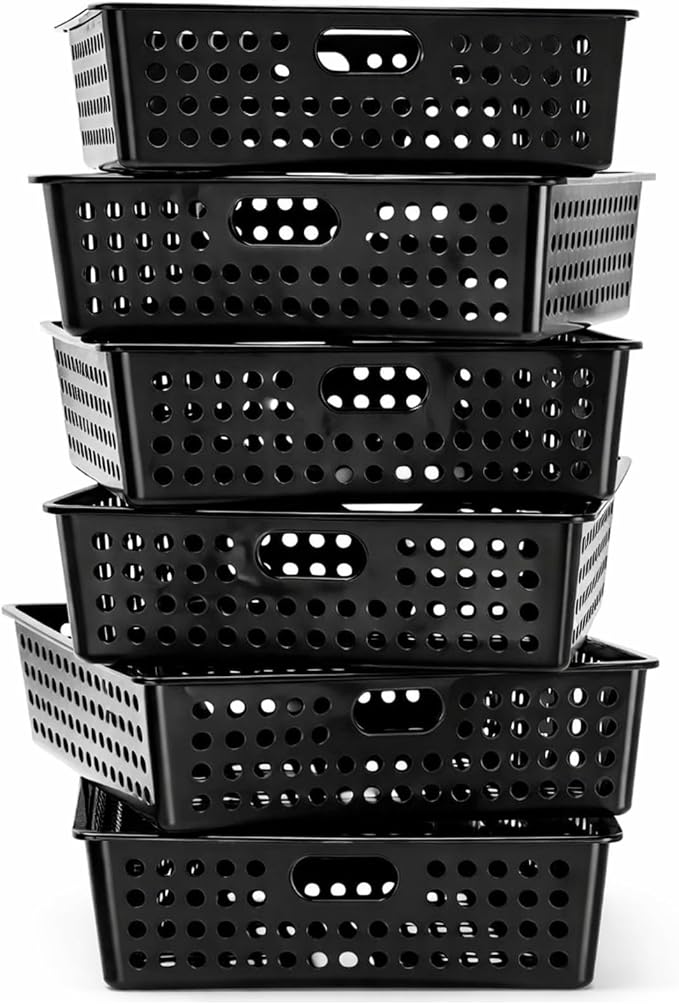 Geetery 6 Pack Classroom Storage Baskets with Handle,Black | 14''x10'' Paper Tray Holds A4 Turn in Trays Plastic Paper Baskets Desk Organizer Bin for Classroom, Library, Office, Home