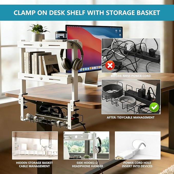 Clamp on Desk Shelf,3 Tier Desktop Organizer,Adjustable Clamp on Desk Top Organizer with Under Desk Hidden Storage Basket&Hooks,No Drilling Desk Clamp Storage Shelves for Working Gaming Accessories