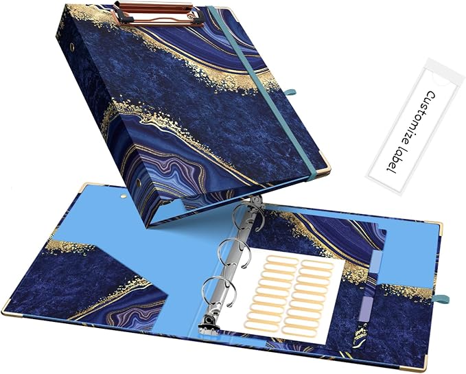 Ospelelf Mini 3-Ring Binder, 1 Inch, Cute Blue Marble Binder for 5.5" x 8.5", with 5 Tab Dividers, File Folder Labels and Low-Profile Clipboards, School and Office Supplies