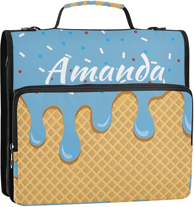 Custom 3 Ring Zipper Binder Blue Ice Cream Personalized Name 1.5 inch Binders Large Capacity Multi Pockets for School Office Supplies