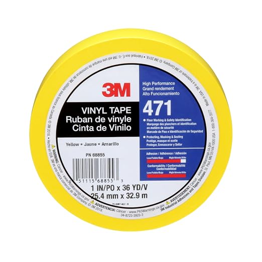 3M Vinyl Tape 471, 1 in x 36 yd, 5.2 mil, Yellow, 1 Roll, Yellow Floor Tape | Paint Alternative for Floor Marking, Social Distancing, Color Coding, Safety Marking
