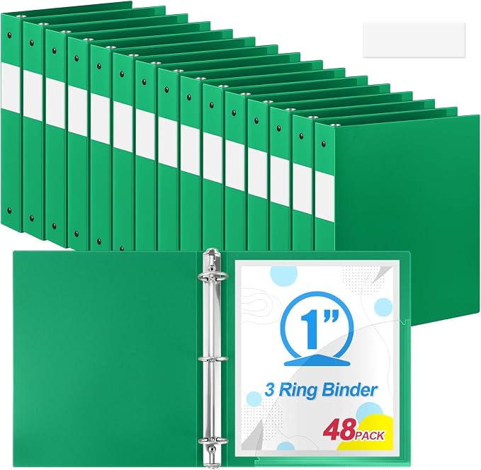 Henoyso 48 Pack 1 Inch 3 Ring Plastic Binders, Bulk Flexible PP Binders for Classroom & School Supplies, Letter Size 8.5 x 11, Holds 240 Sheets with Interior Pocket (Green)