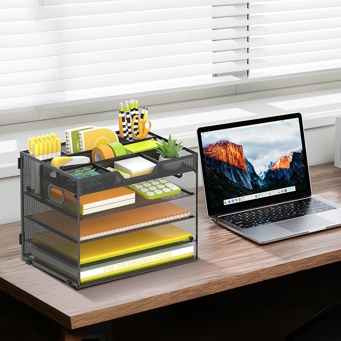5 Tier Desk Organizer, Mesh Letter Tray Paper Organizer with 4 Adjustable Storage Compartments & Pen Holder, Metal Desk Accessories for Home Office School, Black