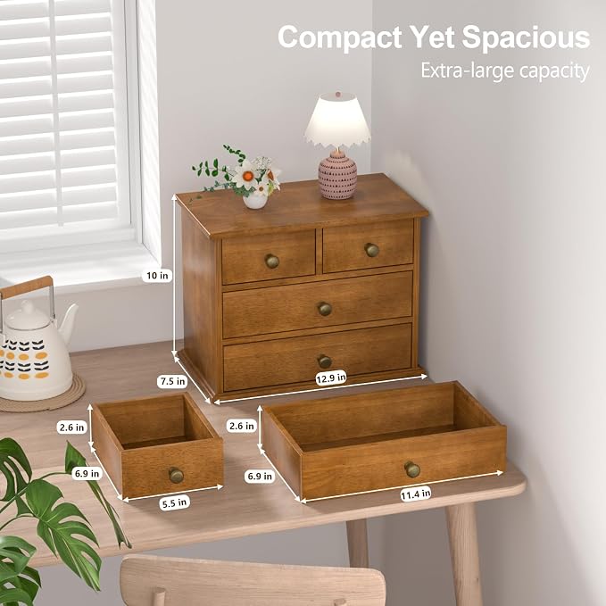 Oak Desk Organizer with Drawers, Durable Wooden Desktop Storage Box | 4 Drawer Tabletop Organizer with Metal Handles & Non-Slip Pads for Office, Bedroom, Bathroom, Vanity & Makeup Storage, Walnut