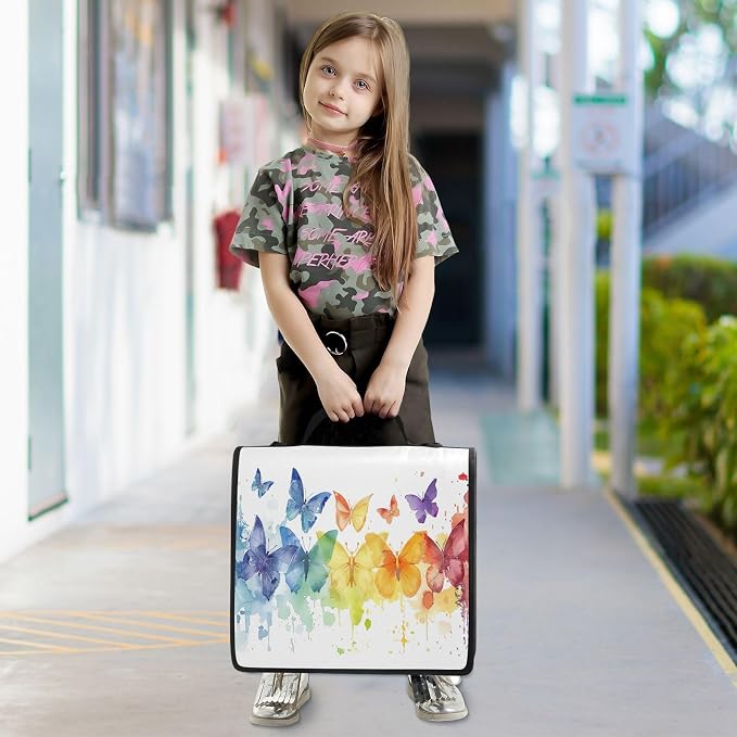 Colorful Butterfly Waterproof Zipper Binder with Shoulder Strap, 3-Ring Trapper Keeper with Lay-Flat Design and Multiple Compartments for School & Office, Adults & Kids