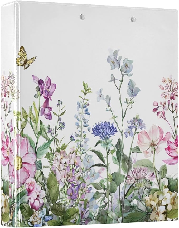 3 Ring Binder, Spring Wild Flowers Butterfly File Folder Holds 200 Sheets File Storage for Women Men School Office Supplie