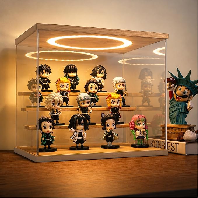 Acrylic Display Case with Adjustable LED Light, 4 Tier Clear Display Box Dustproof Showcase for Action Figures, Collectibles and Mini Toys, Assembly Display Cabinet(Wood 12.5×9.5×10.4in)
