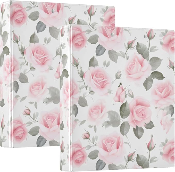 3 Ring Binder Pink Rose Floral Roses 1.5 inch Binders Three Ring Binders with Clipboard Fit 8.5'' x 11'' Paper 3 Interior PVC Clear Pockets for Office Supplies