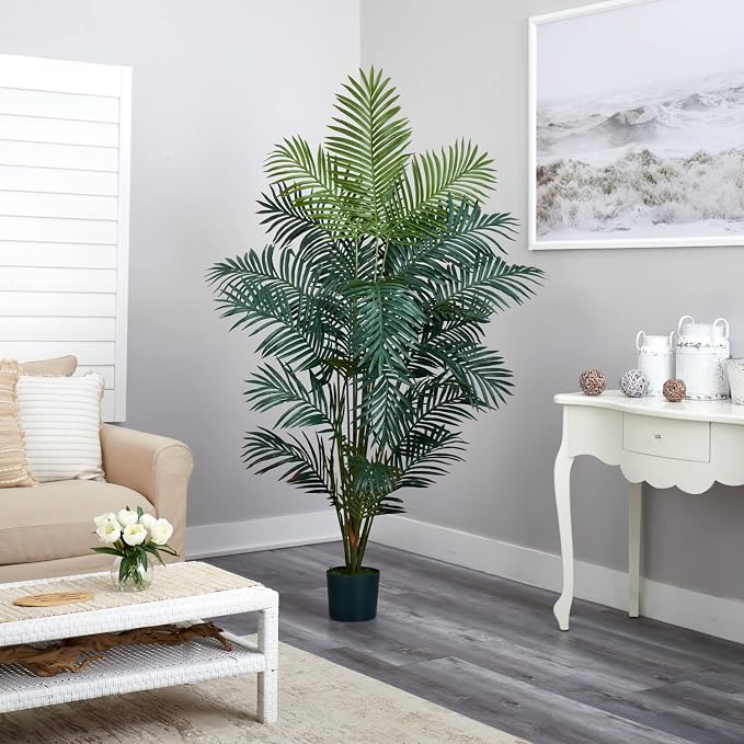 Nearly Natural 7 ft Artificial Paradise Palm Tree with Nursery Pot | 21 Feathery Fronds, Realistic Fake Leaves, Includes Black Nursery Planter, Stately Decor for Indoor Home or Office spaces