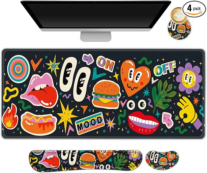 Large Gaming Mouse Pad Set, 4 in 1 Extended Keyboard Desk Mat with Wrist Rest, Computer Game Mousepad, Non-Slip Desk Pad Protector Easy Typing Pain Relief for Home Office I Cartoon Heat Lips