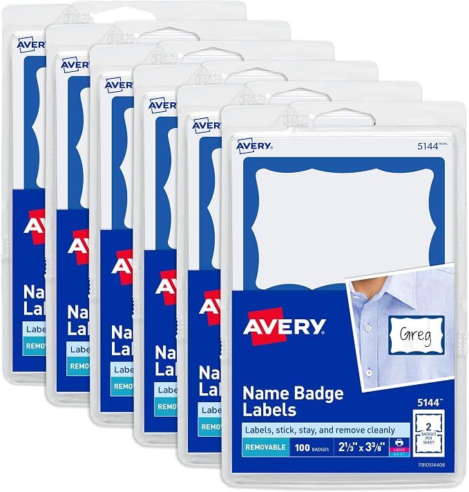 Avery Customizable Name Tags, 2-1/3" x 3-3/8", White with Blue Border, Removable Adhesive, 100 Name Badge Labels per Pack, Great for Meetings, Events, and More (6 Packs of 44144)