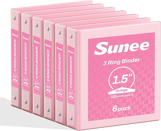 SUNEE 1.5 Inch Binders 3 Ring 6 Pack, Clear View Three Ring 1 1/2 Inch Binders PVC-Free (Fit 8.5x11 Inches) for School or Office Supplies, Pink