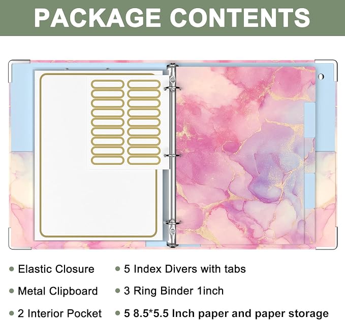 Rouidr Mini 3 Ring Binder with clipboard, 1 inch Round Binder Organizer, 8.5"x5.5" Cute Binder with 5 Dividers Tabs & Clear Sleeves, School Supplies, Office Supplies