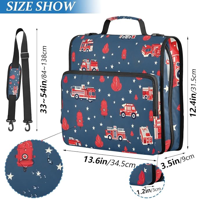 Fire Truck Engine Hydrant 3 Ring Binder Bag 1.5 inch Binder Organizer with Zipper Shoulder Strap 500 Sheet Documents Storage for School Office