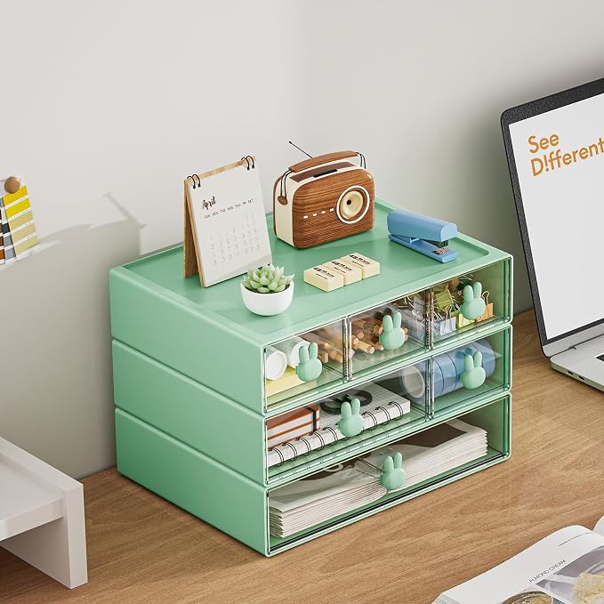 Marbrasse Desk Organizer with 6 Drawers, 3 Tier Stackable Storage Drawers Plastic Makeup Storage, Office Organizers and Storage, Desk Storage Box for Office, School, Home Green