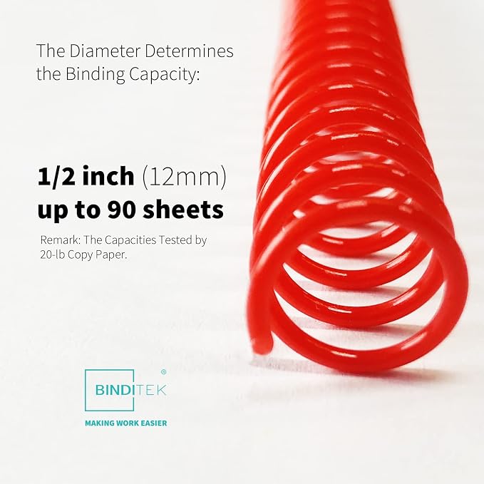 Binditek Spiral Binding Coils 12mm 4:1 Pitch Multi Color 50 Pack | Coil Binding Spines, 1/2", 90 Sheet Capacity, 48 Loops, for Letter-Size Reports, Presentations, School and Office Projects