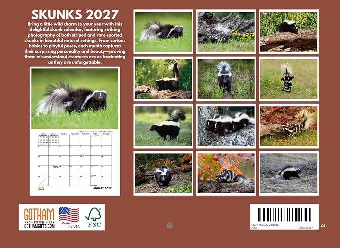 Skunk Calendar 2027 Monthly Wall Calender 12 Month
